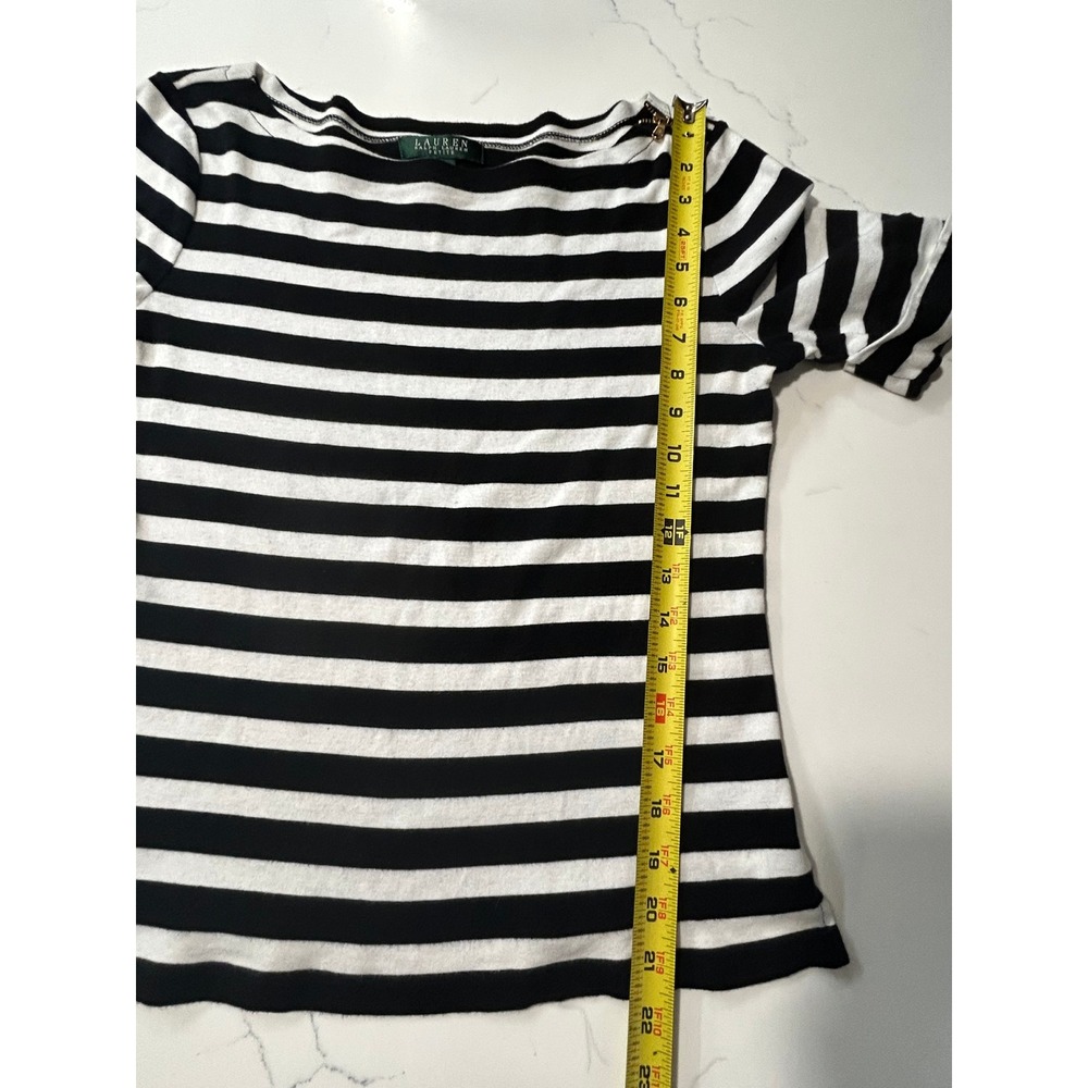 Lauren Ralph Lauren Petite Black White‎ Striped Boat Neck Zip Top PM Cotton - Picture 8 of 8